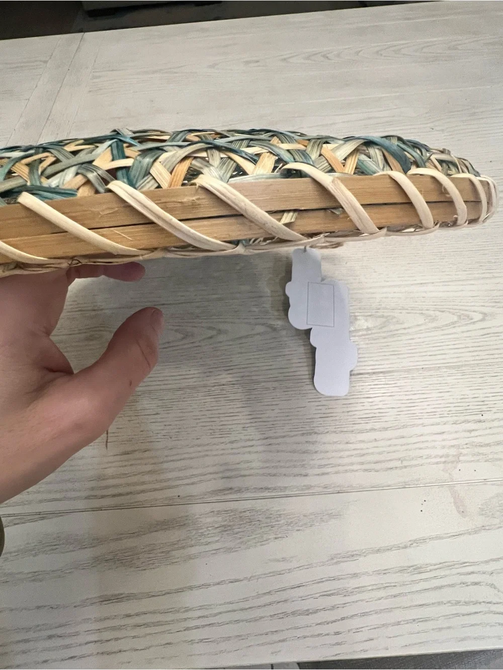 Woven Round Rattan Decorative Tray in Teal and Natural - 14”